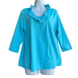 COTTON CONNECTION Ruffle-Neck Top Women's Size L Blue 3/4 Sleeve Beach Blouse
